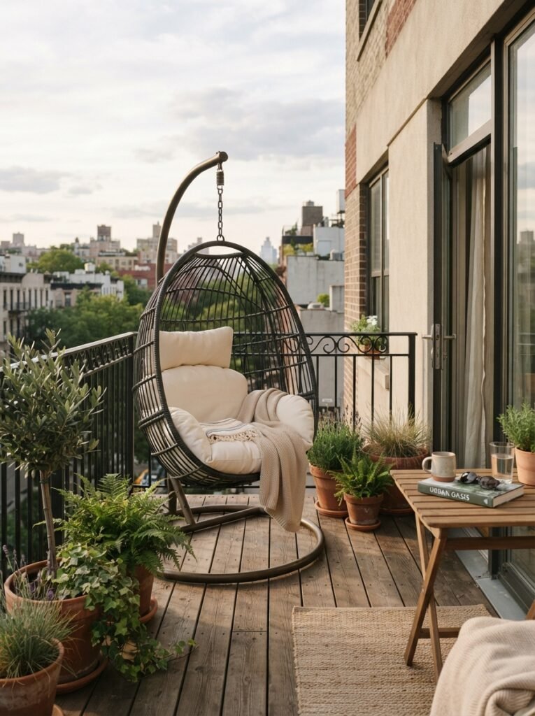 Small patio furniture idea for apartments with hanging egg chair