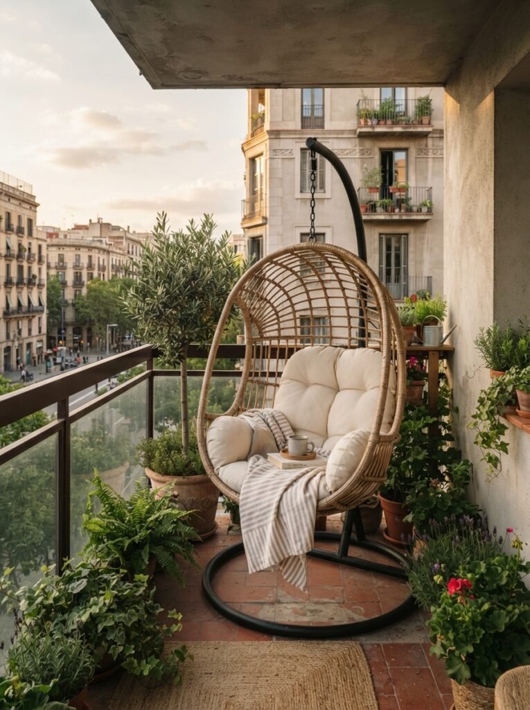 Small balcony boho decor idea with hanging rattan egg chair