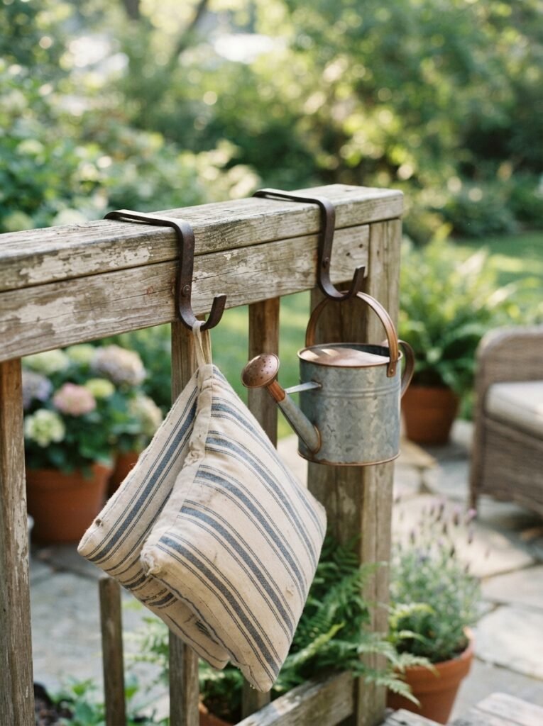 Small patio furniture idea for apartments with over-rail hook storage