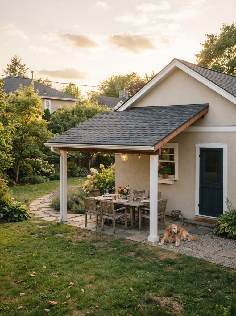 Attached covered patio idea with matching lean-to roof extension