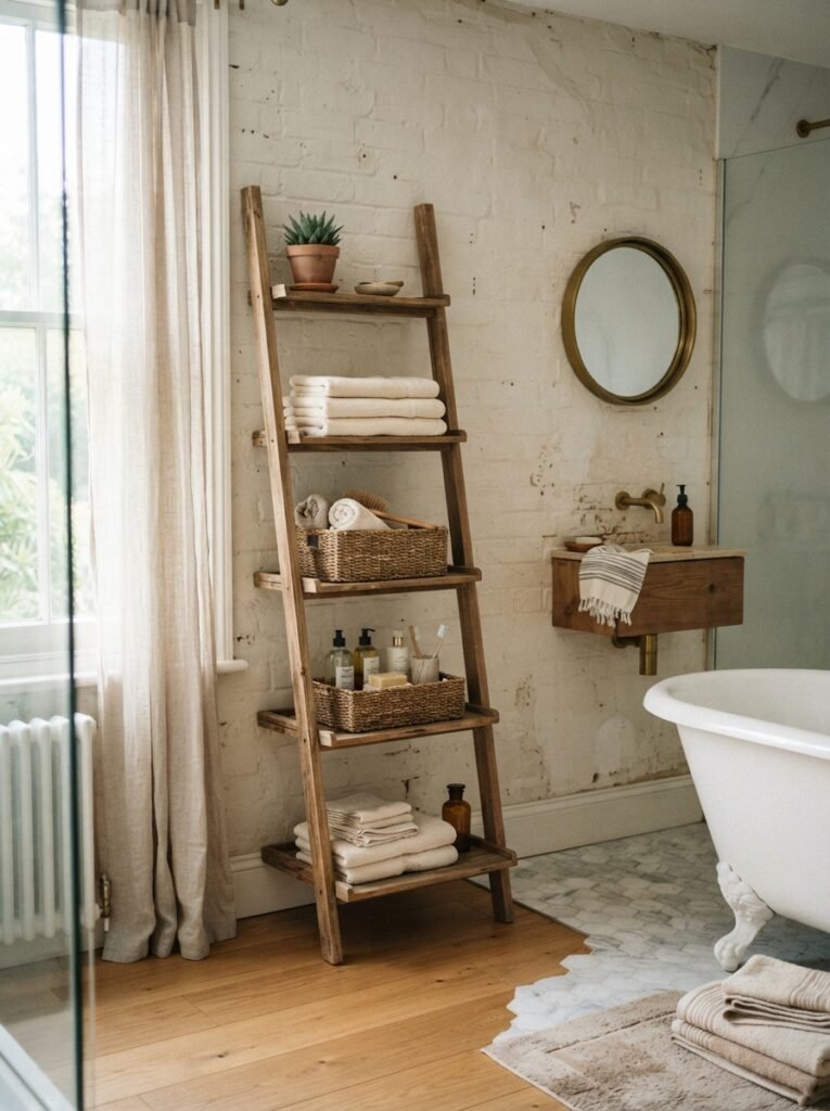 Very small bathroom storage idea with leaning ladder shelf