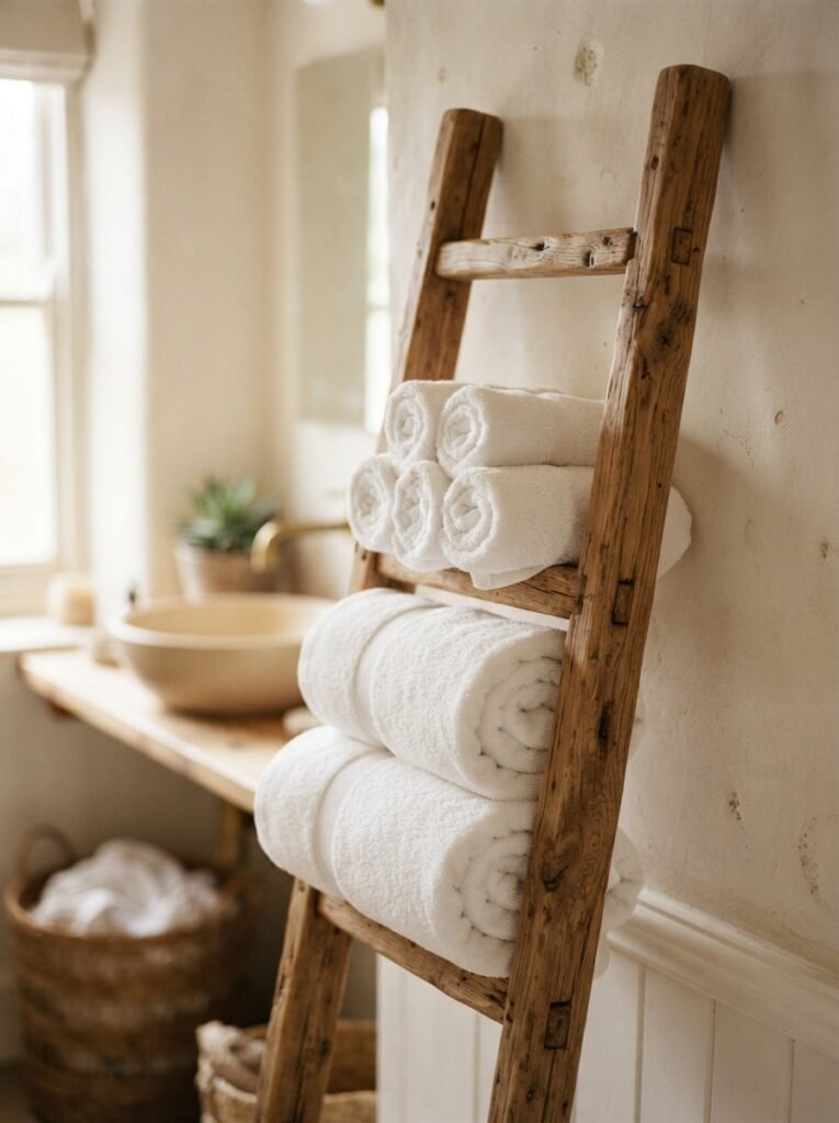Small bathroom storage idea for towels with ladder rack and rolled towels