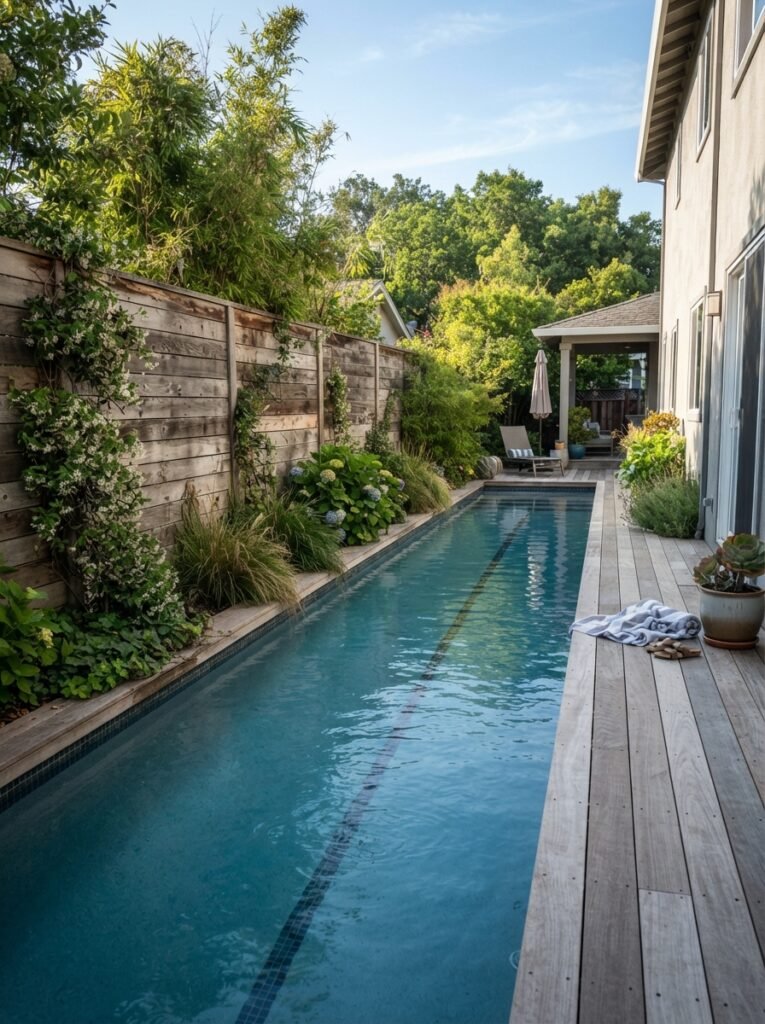 Small backyard pool idea for small yards with narrow lap pool design