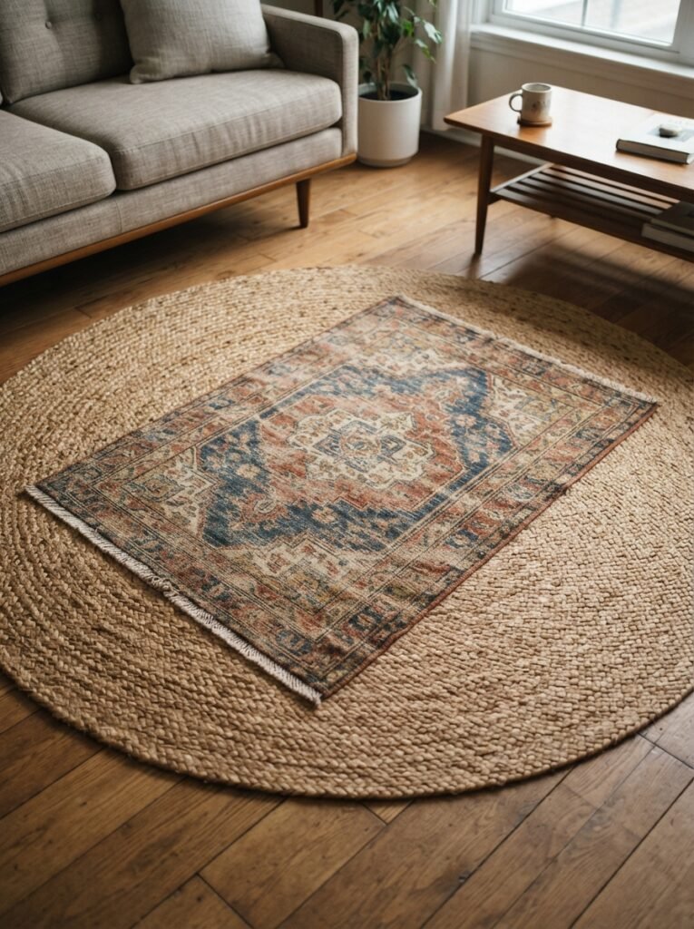 Boho decor idea for living room with layered vintage rug stack