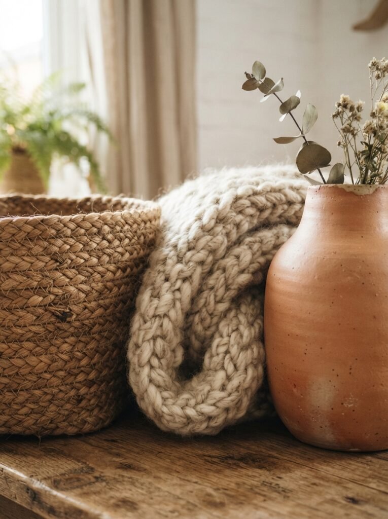  Close-up of layered boho decor textures including woven basket and terracotta vase