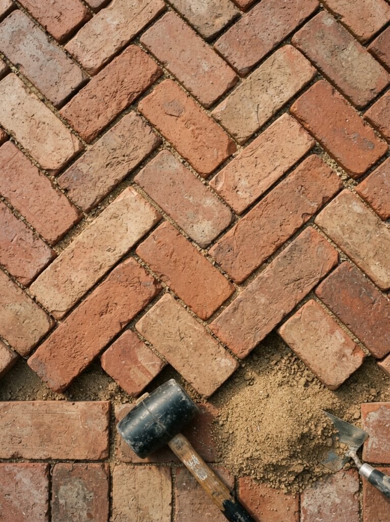 Herringbone paver floor for covered patio attached to house
