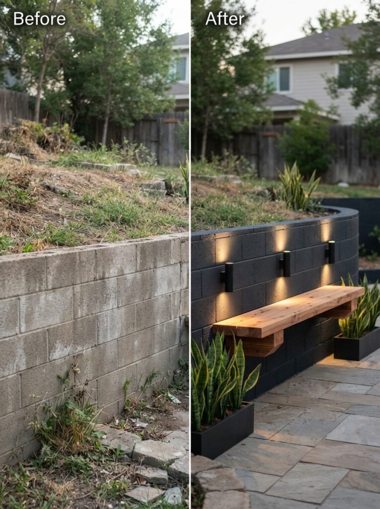 Split before and after comparison of a cinder block patio wall updated with dark paint and seating.