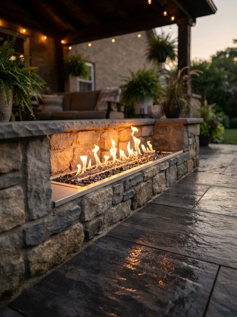 Linear gas fire feature idea for luxury covered patio