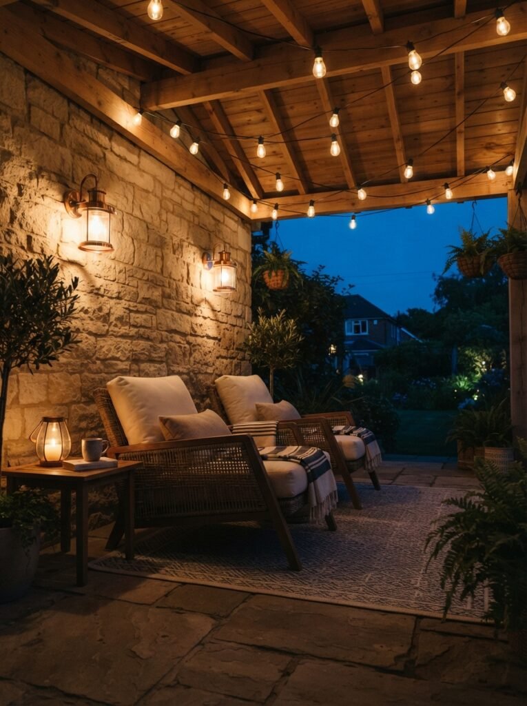 Evening lighting on covered patio attached to house