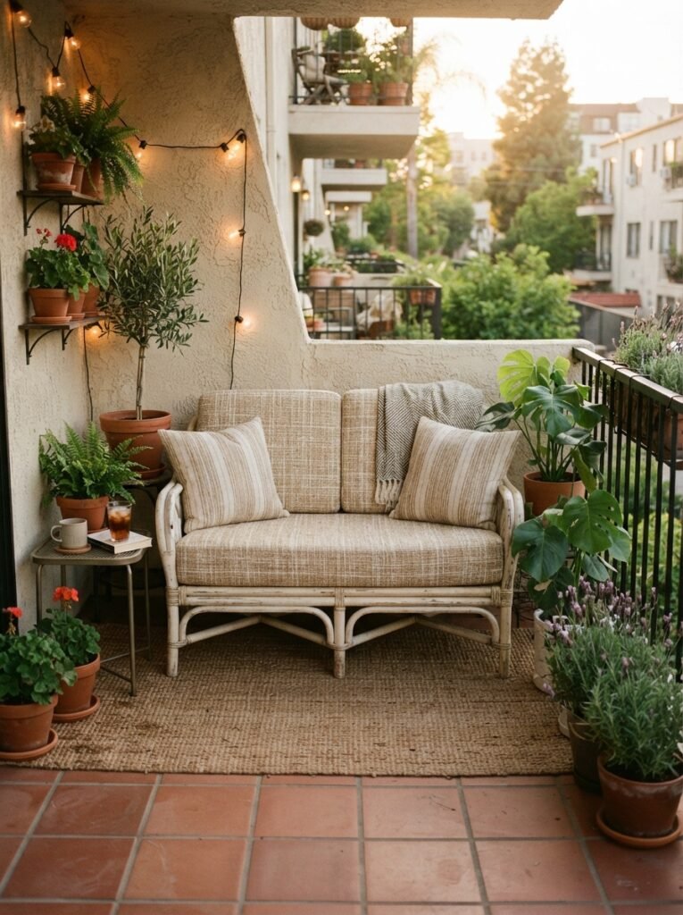 Cozy patio idea for renters with refreshed secondhand loveseat