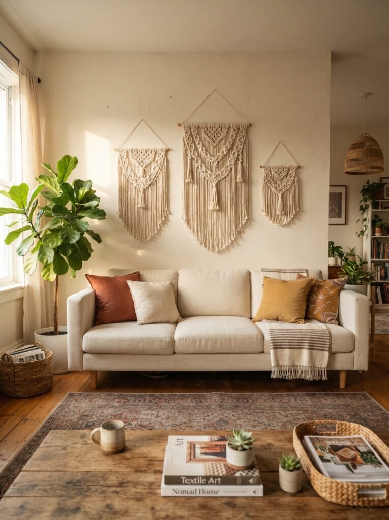 Boho decor idea with macrame wall hanging gallery above sofa