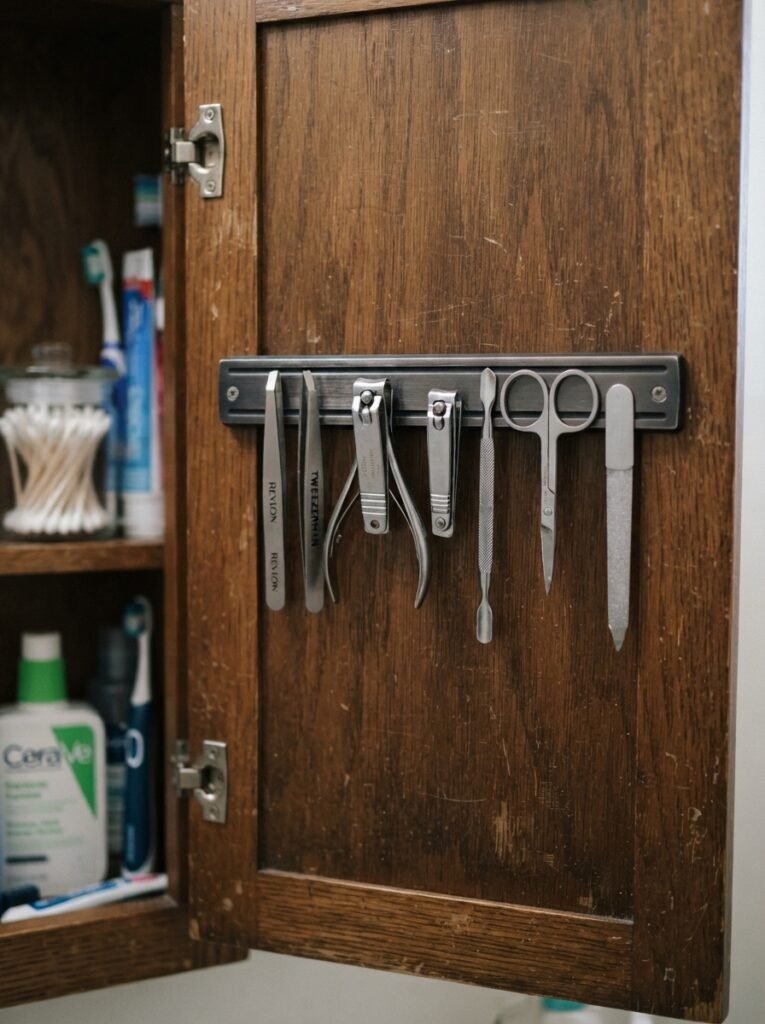 DIY small bathroom storage idea with magnetic tool strip