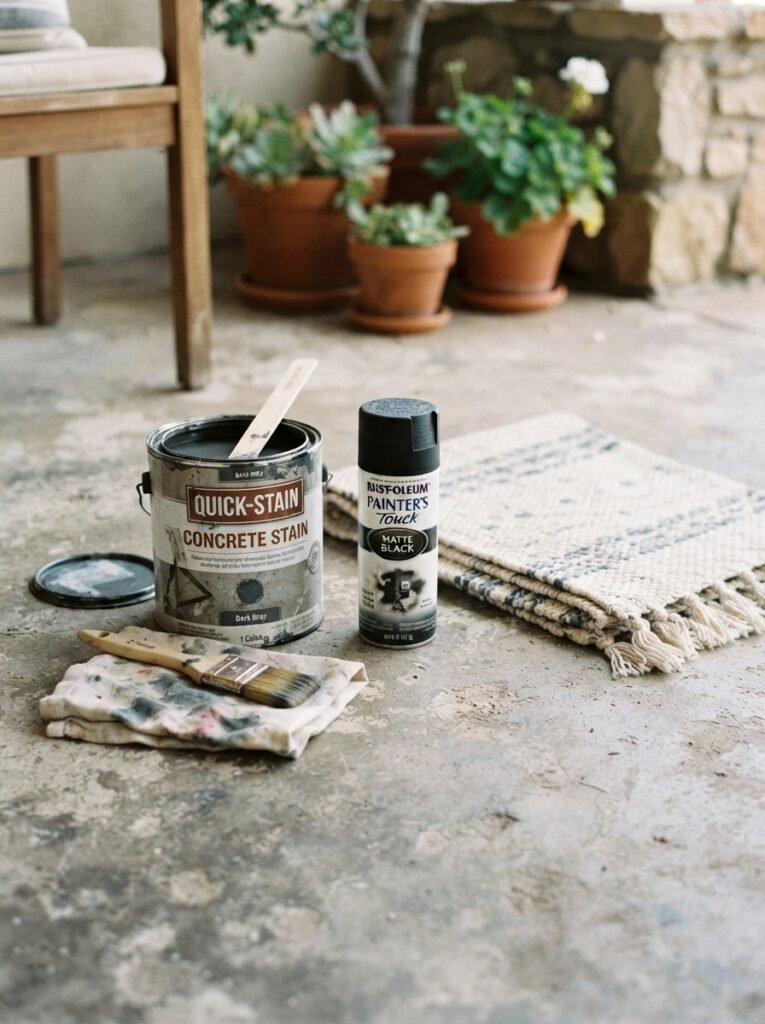 Budget patio makeover supplies laid out before starting the project