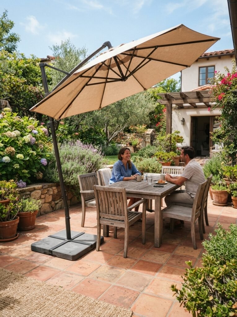 Cozy patio idea for renters with freestanding weighted-base umbrella