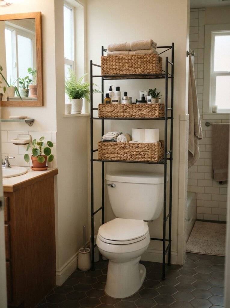 Small bathroom storage idea over toilet with basket étagère