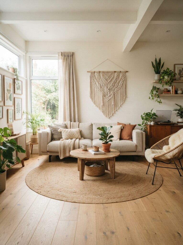  Modern boho decor idea with clean-lined furniture and warm texture accents