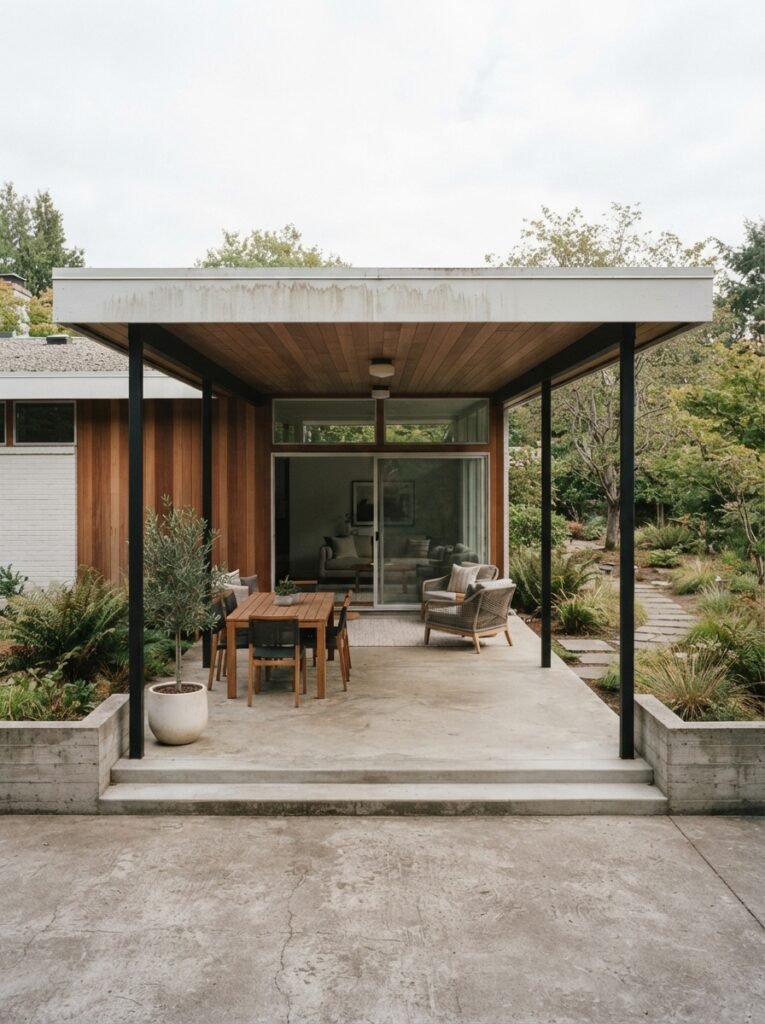 Vaulted covered patio attached to house with cedar ceiling