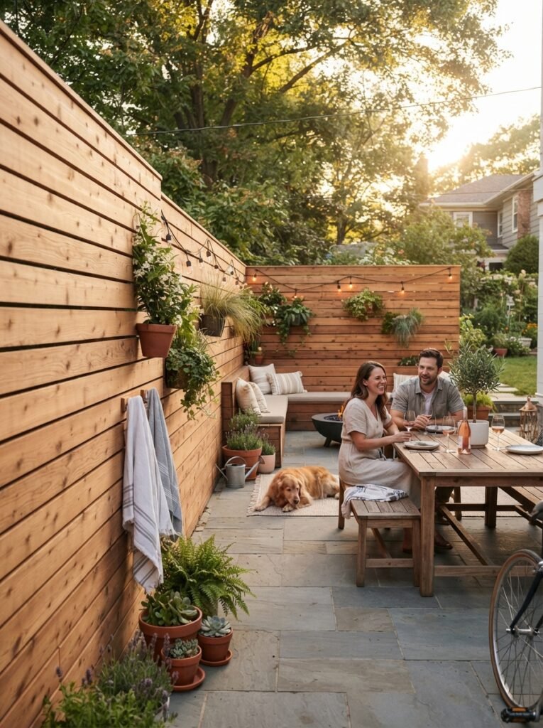 Modern DIY patio privacy screen idea with horizontal slat fence