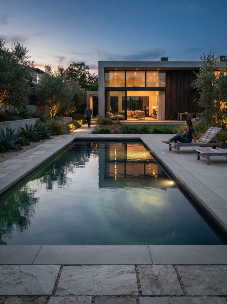  Modern backyard pool idea with clean-line minimal coping