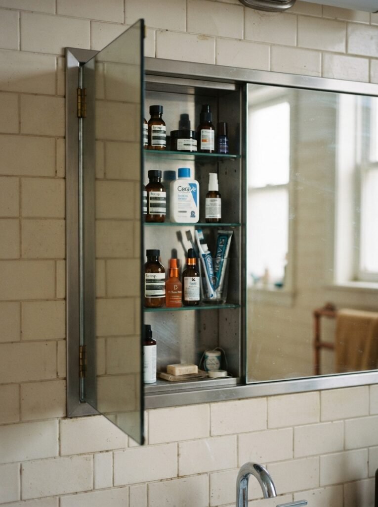 Small bathroom storage idea with cabinets using recessed medicine cabinet