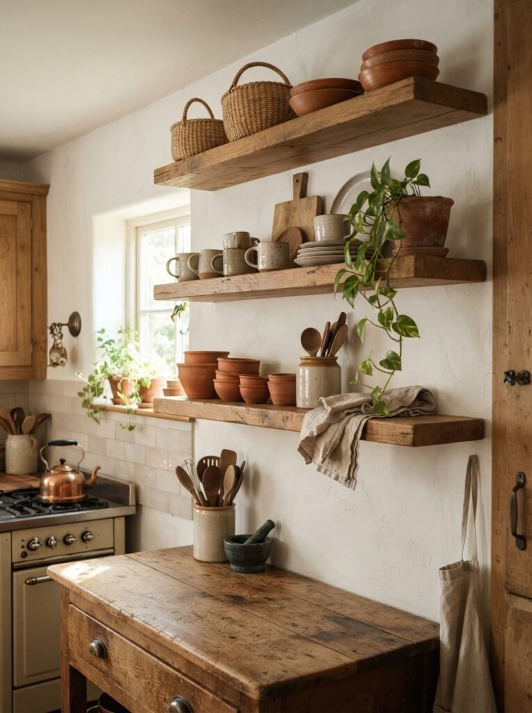 Boho kitchen decor idea with open shelving and terracotta accents