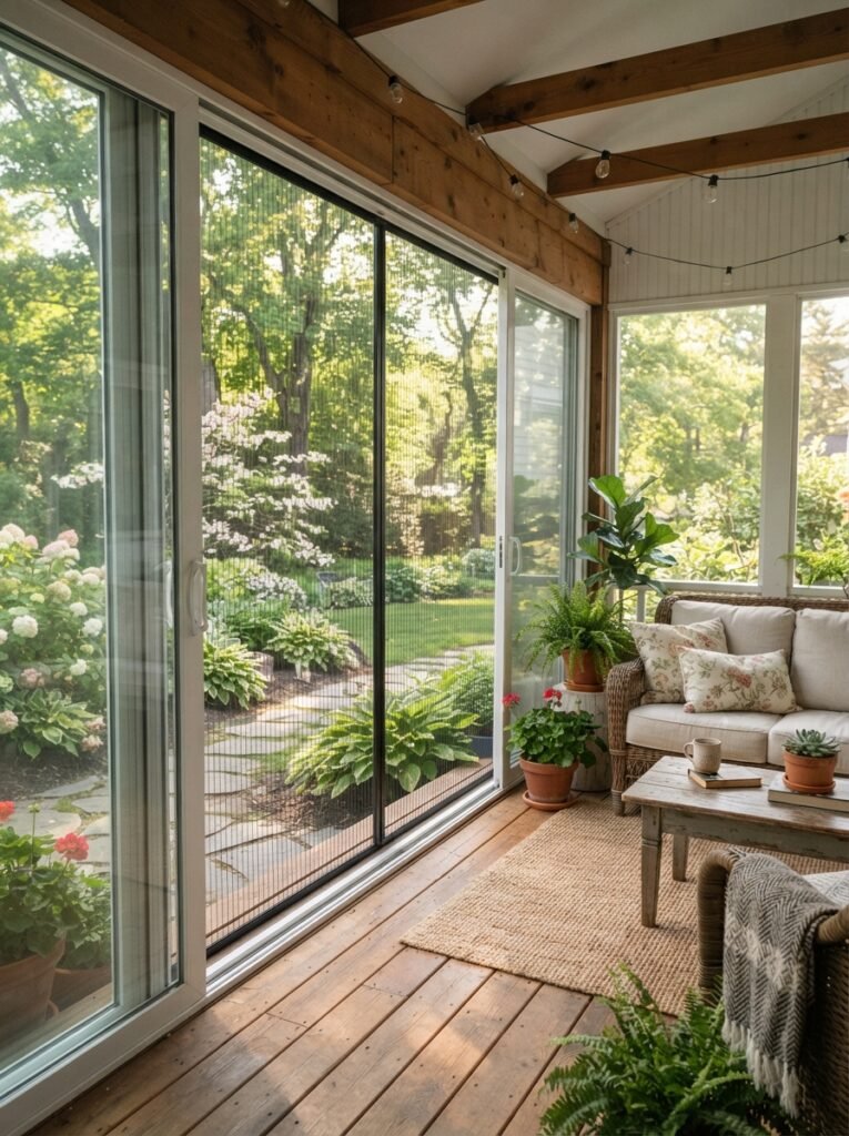 Outdoor enclosed patio idea with three-season retractable screen porch