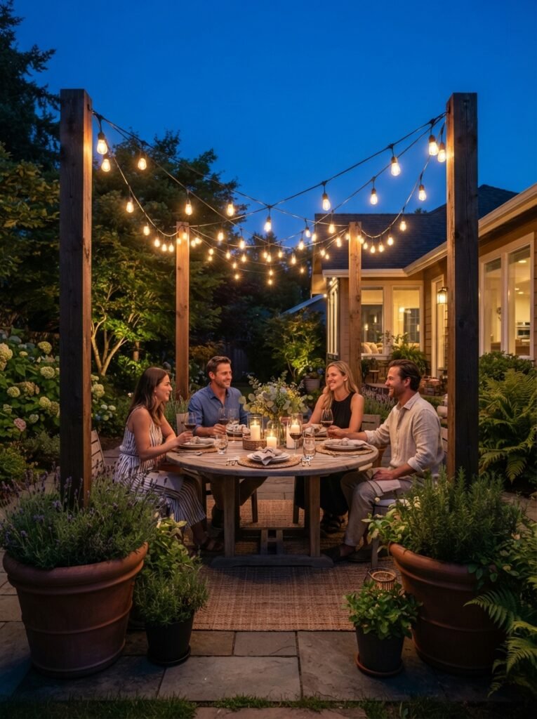 Freestanding DIY string light planter posts creating an illuminated dining zone on a backyard patio.