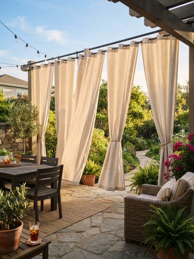 No-drill patio privacy screen idea with hanging outdoor curtains