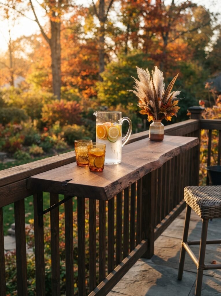 DIY live-edge wood outdoor bar ledge attached to deck railing with drinks.