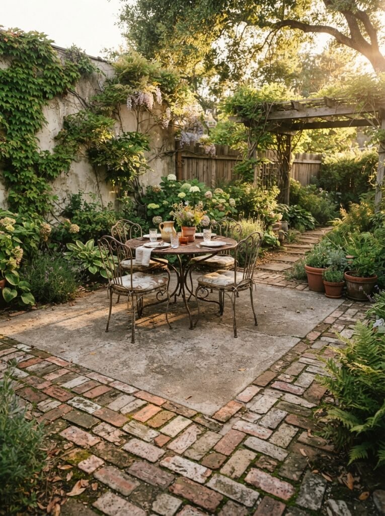 Brick patio idea with herringbone border around dining nook