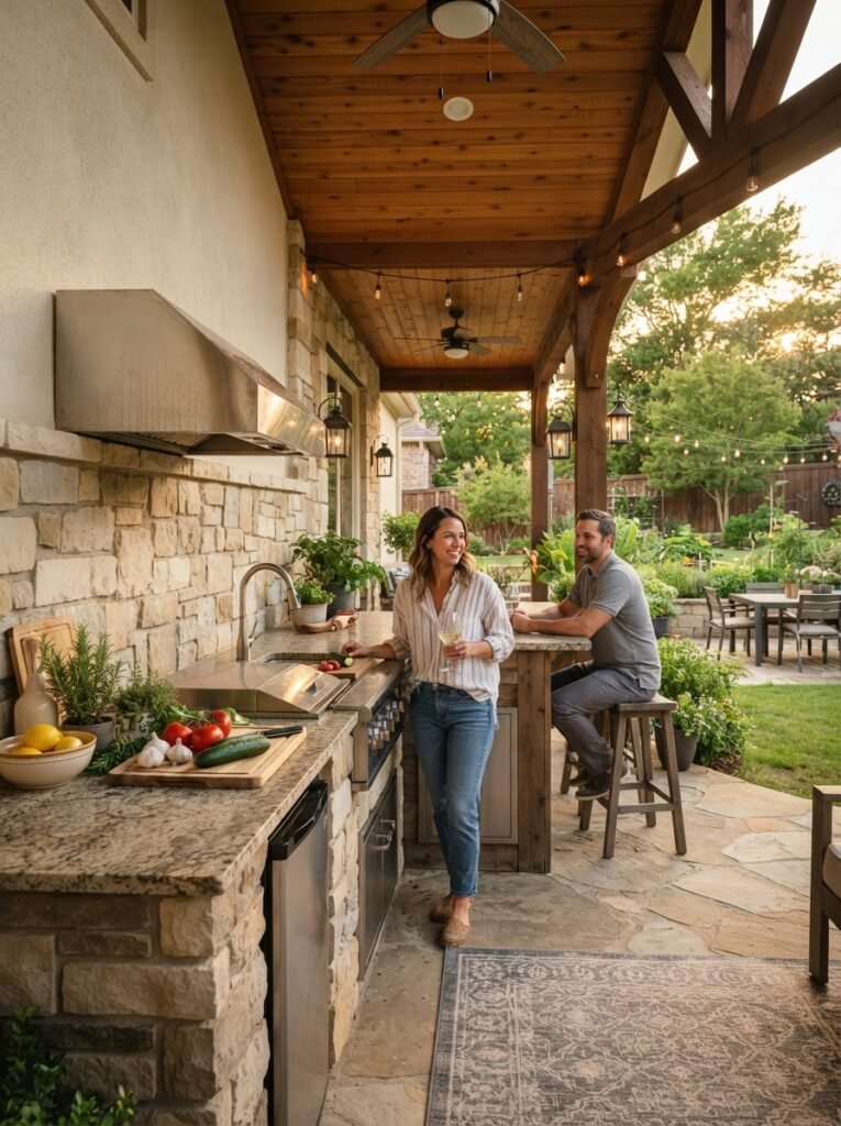 Covered patio attached to house with built-in outdoor kitchen