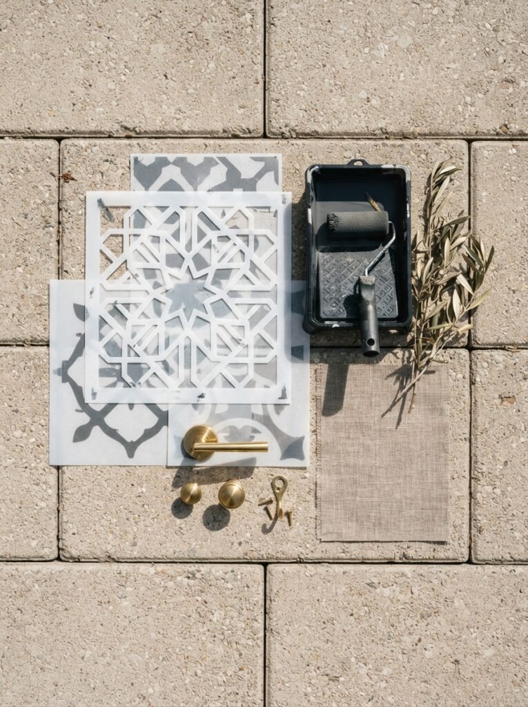 Flat lay of DIY patio stencil painting supplies, concrete pavers, and fabric swatches.