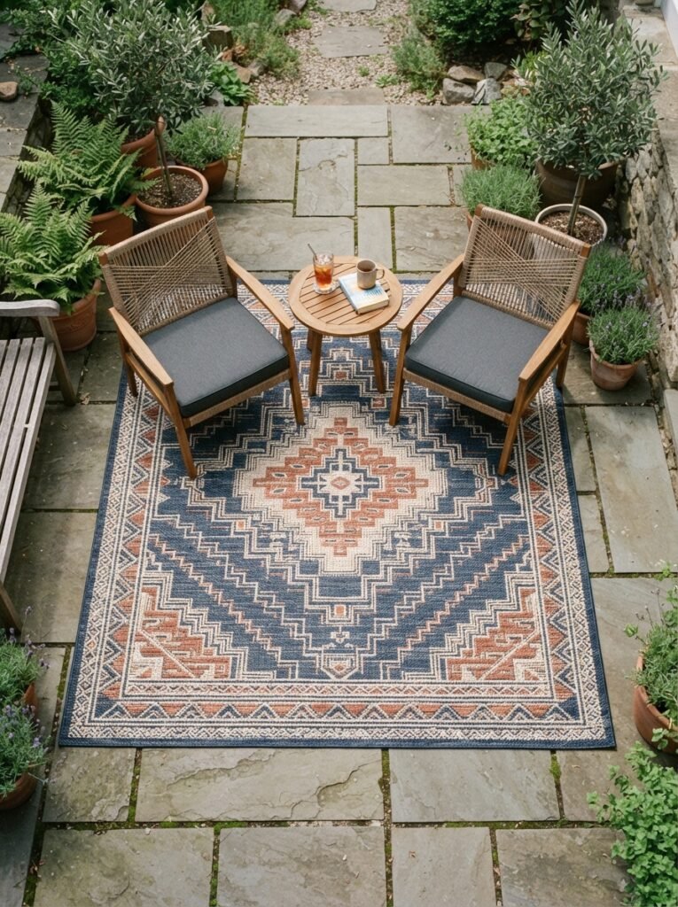  Budget patio makeover step with layered outdoor rug