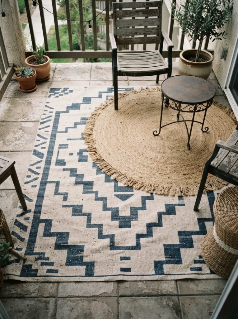 Cozy patio idea for renters with layered weighted outdoor rugs