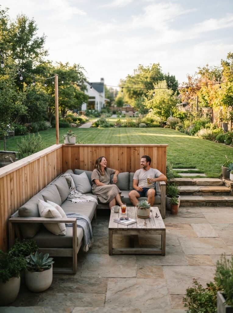 Partially enclosed patio idea with cedar half-wall lounge