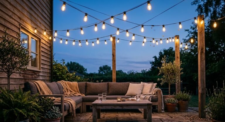 Patio string light idea with crisscross overhead grid at dusk