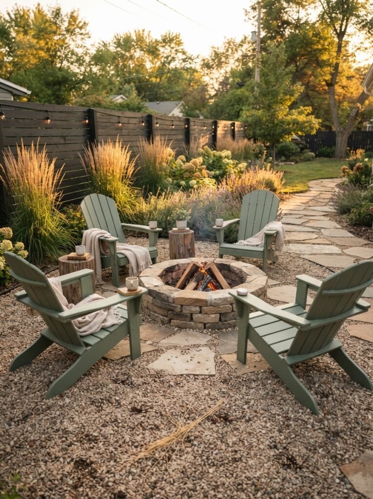  DIY pea gravel and flagstone fire pit zone with sage green Adirondack chairs on a backyard patio.