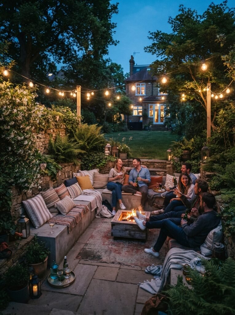 Backyard patio idea with sunken lounge and built-in bench seating