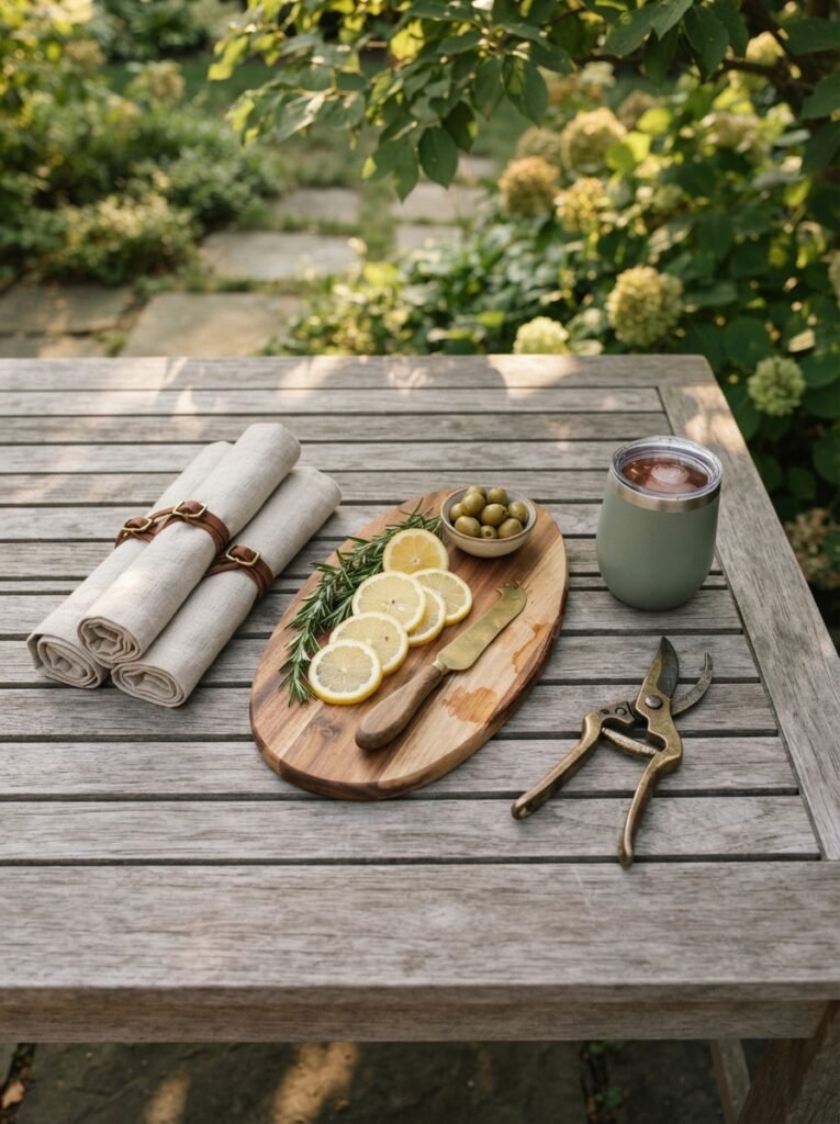 Flat lay of chic patio accessories, linen napkins, charcuterie board, and shears on wood.