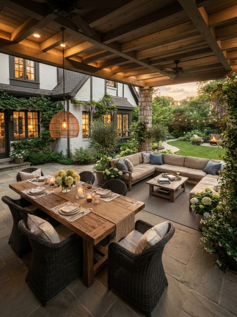 Modern covered patio attached to house with flat roof design
