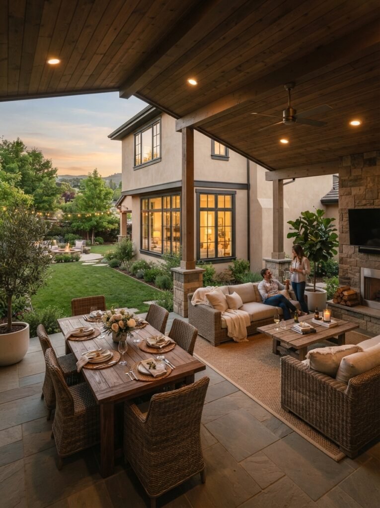 Backyard covered patio attached to house wrapping around corner