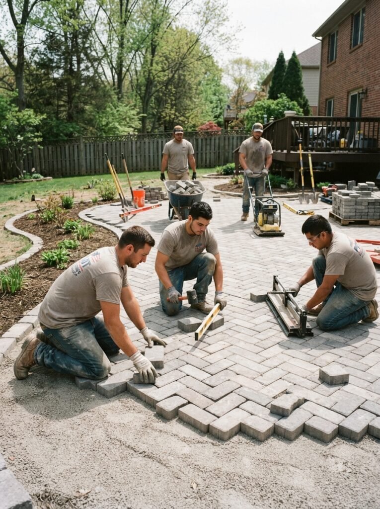Paver patio contractor crew installing a backyard patio