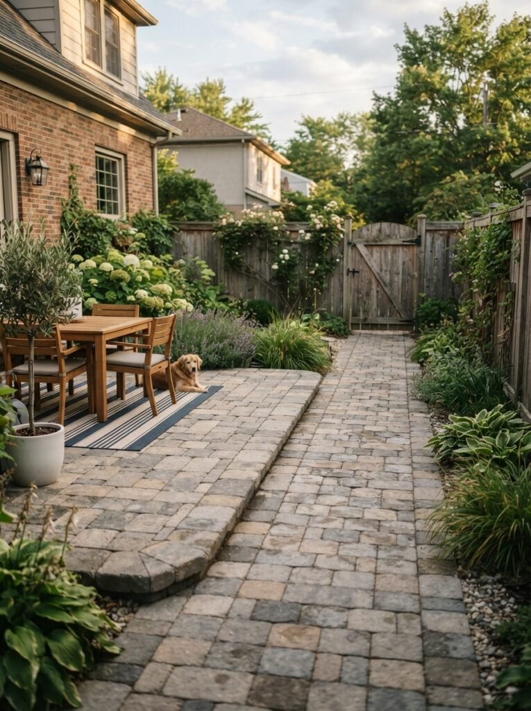 Paver patio design idea with connected walkway extension