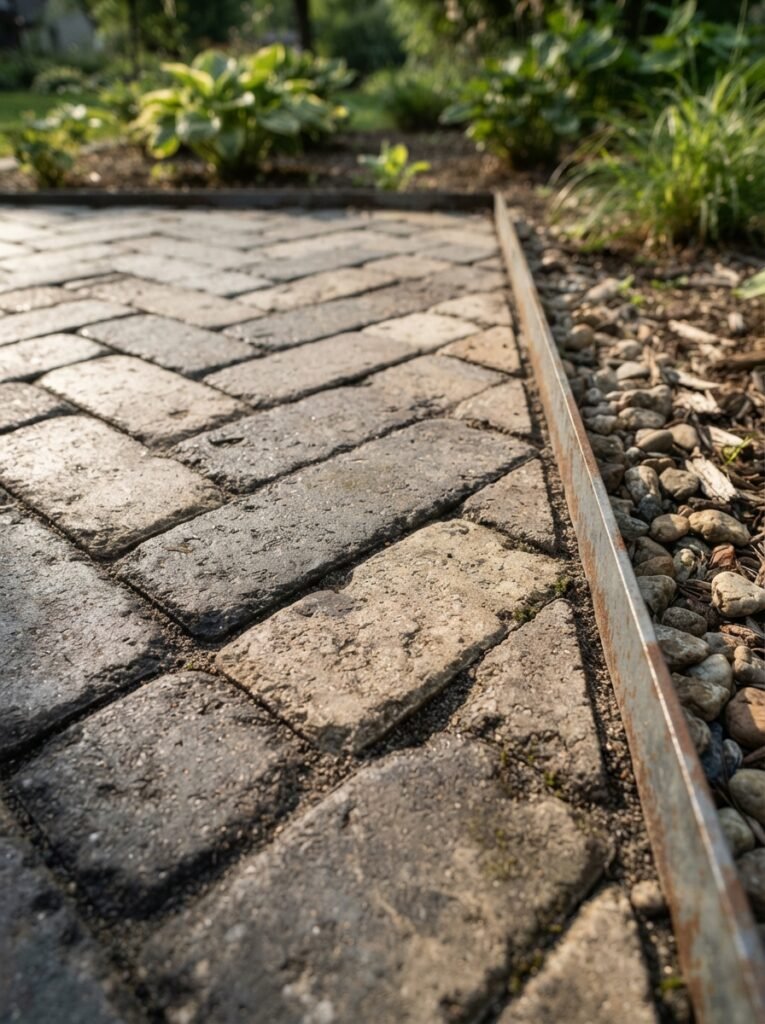 Paver patio design idea with herringbone layout and steel edging