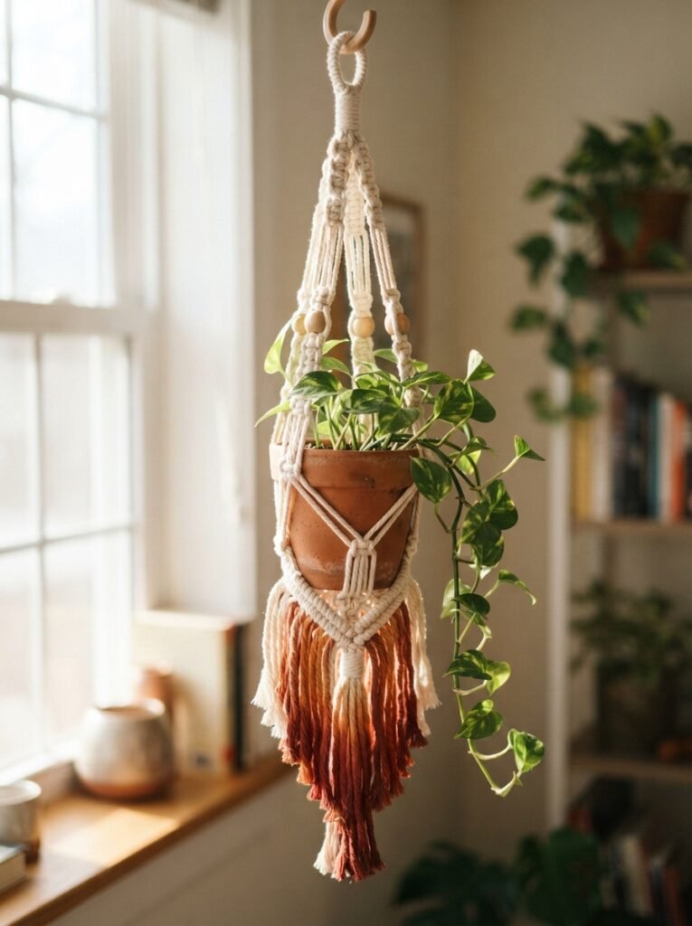 DIY boho decor idea with dip-dyed macrame plant hanger