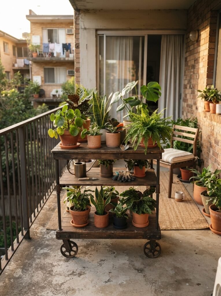 Cozy patio idea for renters with rolling plant stand