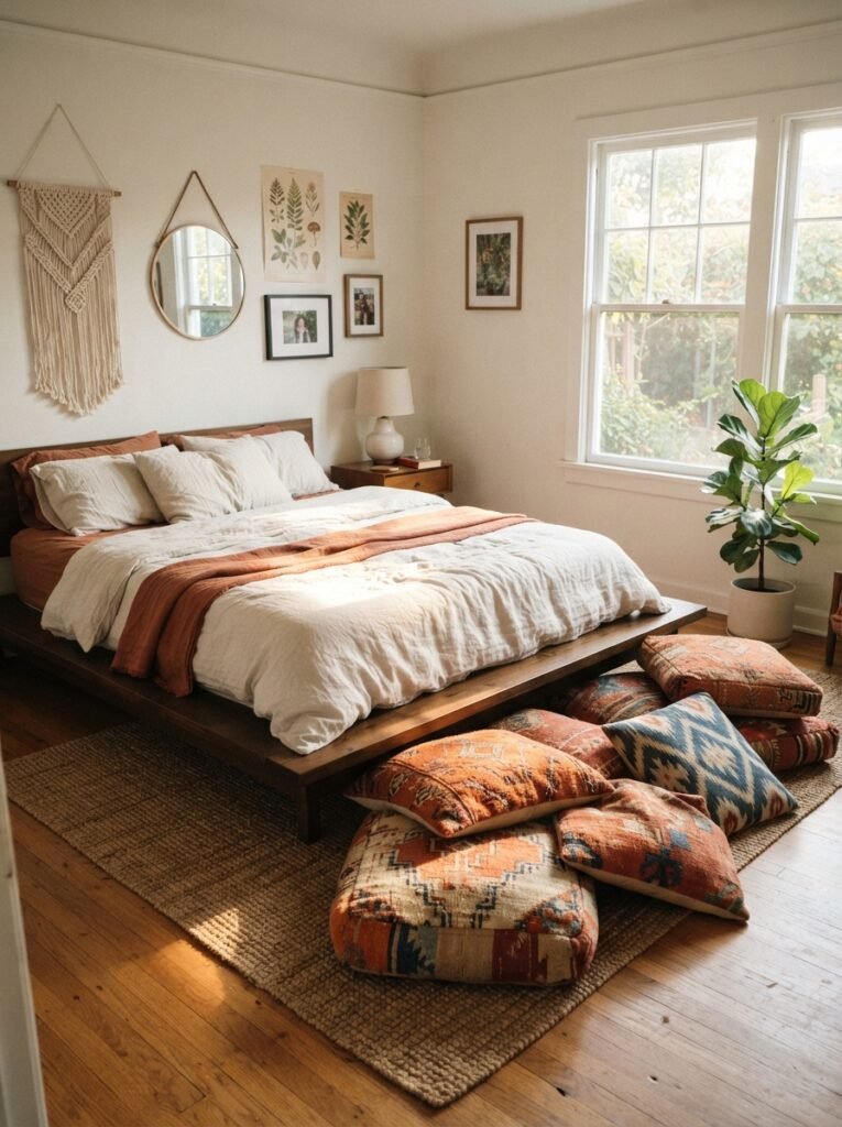 Boho bedroom decor idea with low platform bed and floor cushions