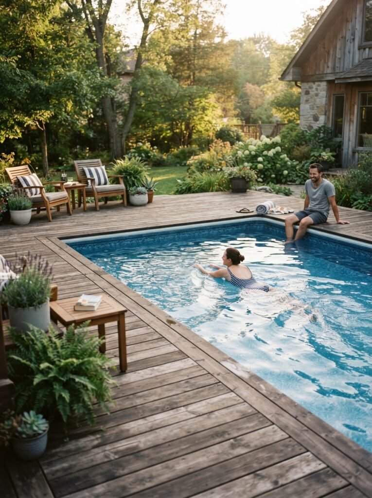 Backyard pool idea with above-ground pool blended into deck