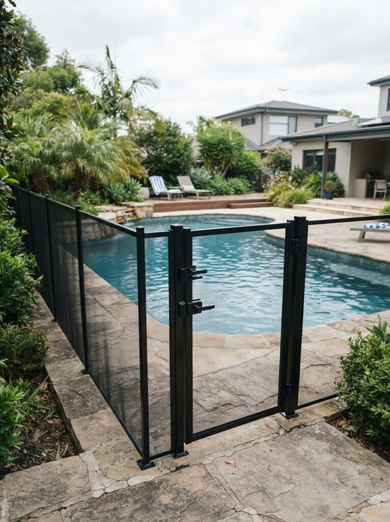 Backyard pool idea with safety fence and self-latching gate