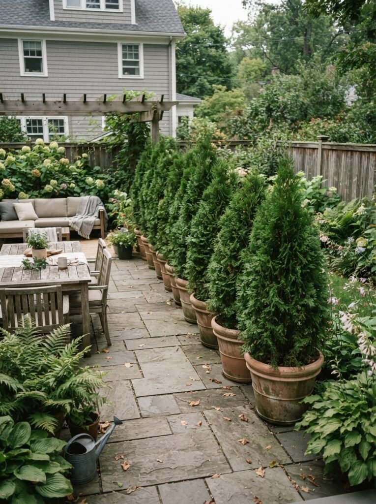 Backyard privacy idea with potted arborvitae evergreen row
